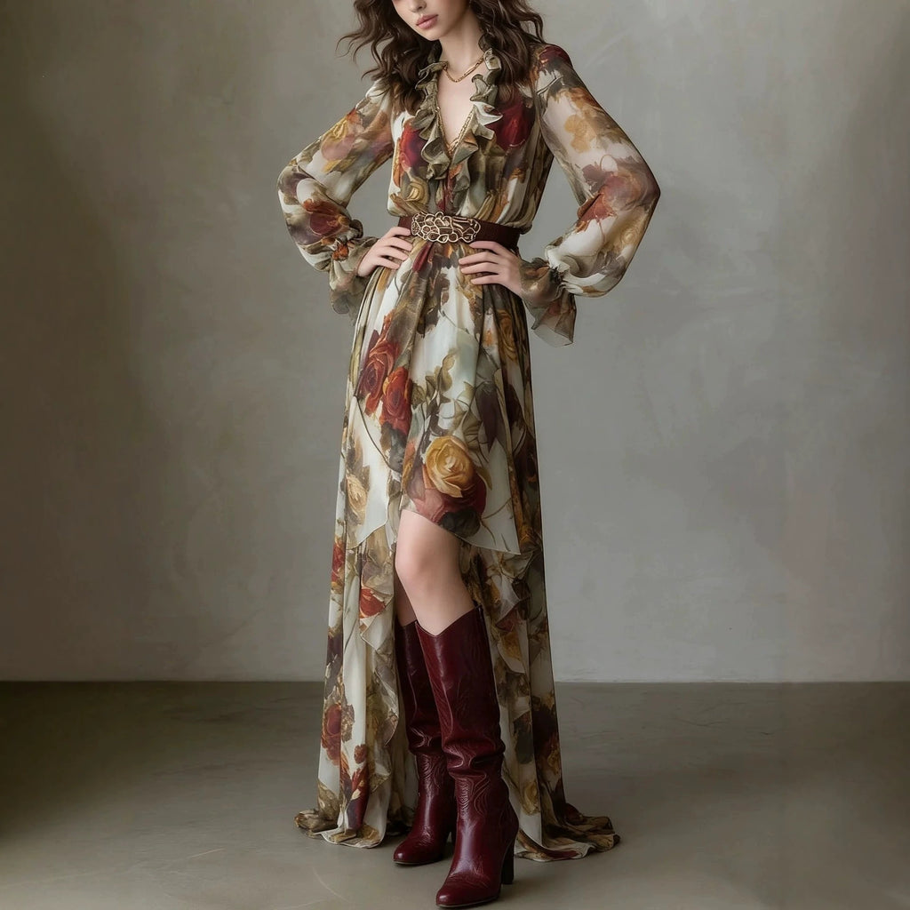 Robe asymétrique à manches longues à col V volant imprimé