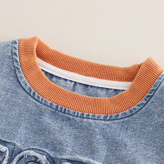 Kids' Thin Letter Print Denim Crewneck Short-Sleeve Set
