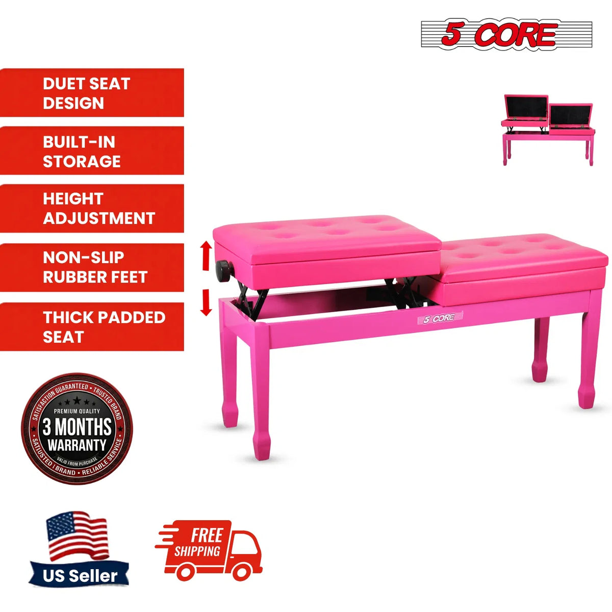 5 Core Duet Piano Banc 3.5 pouce rembourré Tabouret Coussiné Chaise Musicienne en bois lourd w