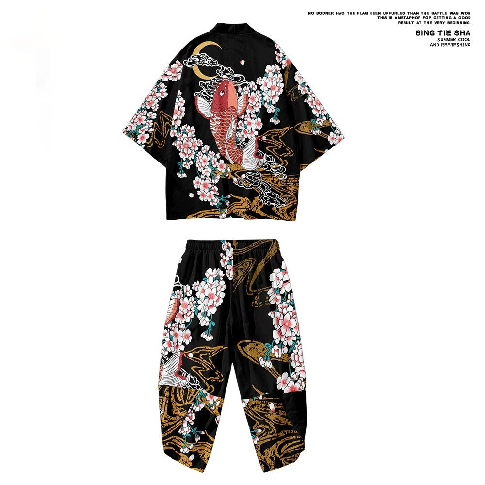 Koi Numérique Impression Japonaise Harajuku Kimono Robe Cloak Cropped Pantalons Set
