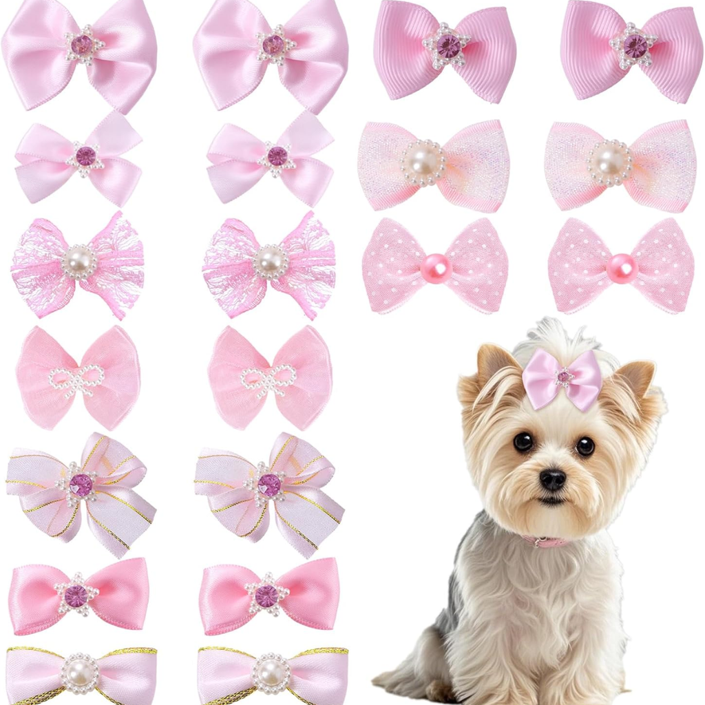 20 PCS Cute Dog Hair Bows with Rubber Bands Elastic Handmade Mix Style Dentelle Strass Pea