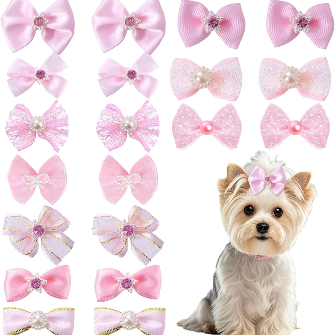 20 PCS Cute Dog Hair Bows with Rubber Bands, Elastic Handmade Mix Style Lace Rhinestone Pea