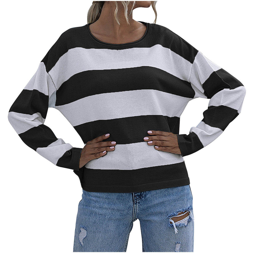 Amazon Autumn And Winter European and American Women's Casual Loose Knitted Sweater Stripe