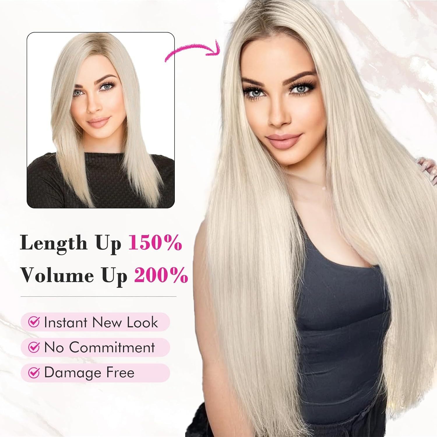 11-pièces 24-pouces Long droit Extension cheveux Pièces de perruque noire