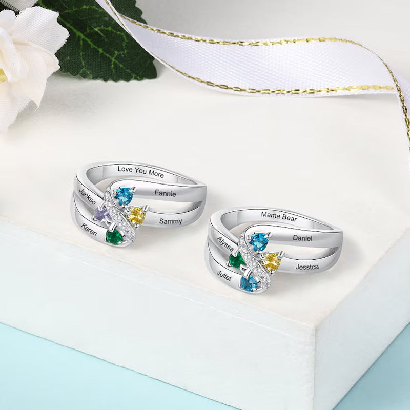 Couleur Blocked Birthstone Laser gravé argent plaqué anneau personnalisé