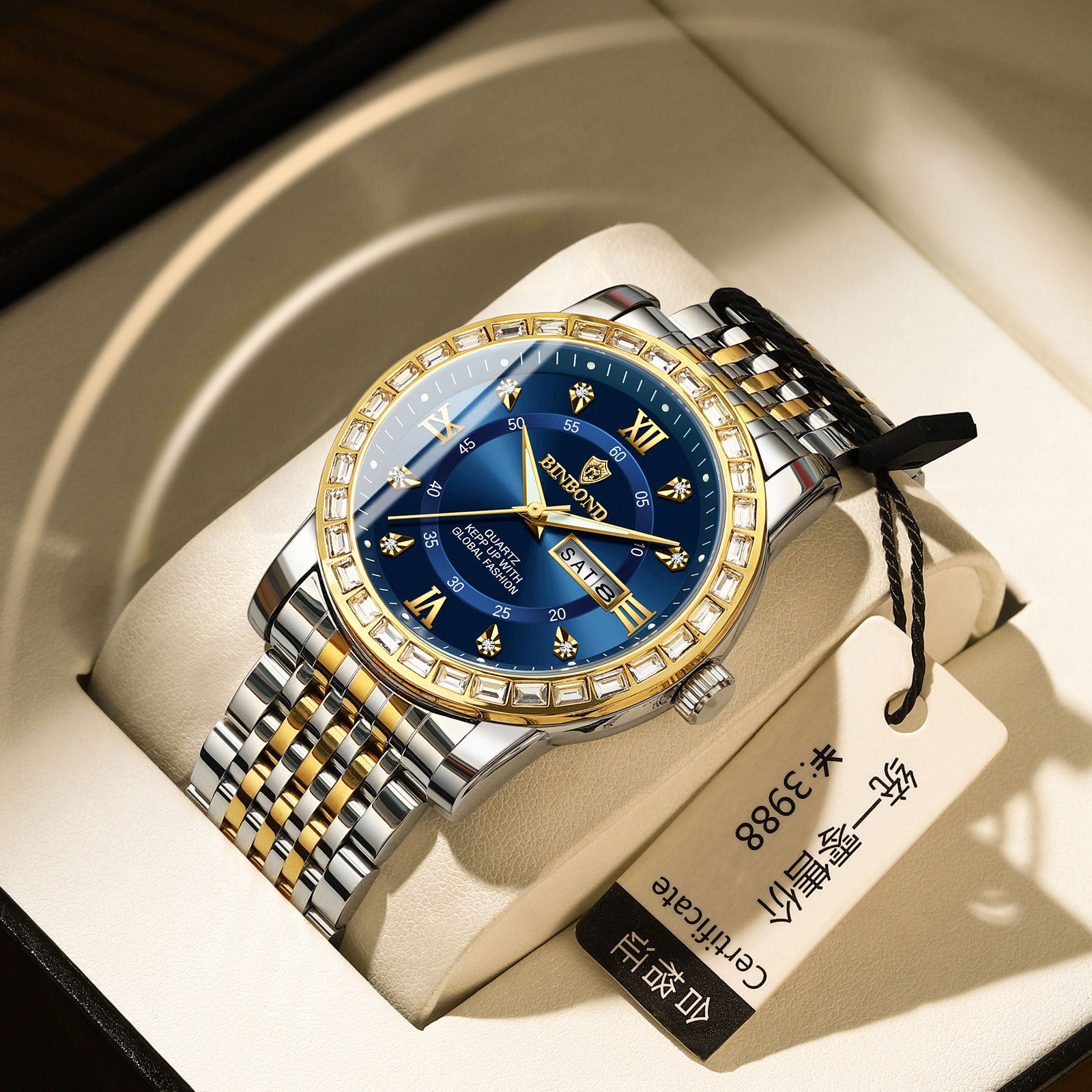 Business Diamant-embeded Montre mécanique double calendrier étanche