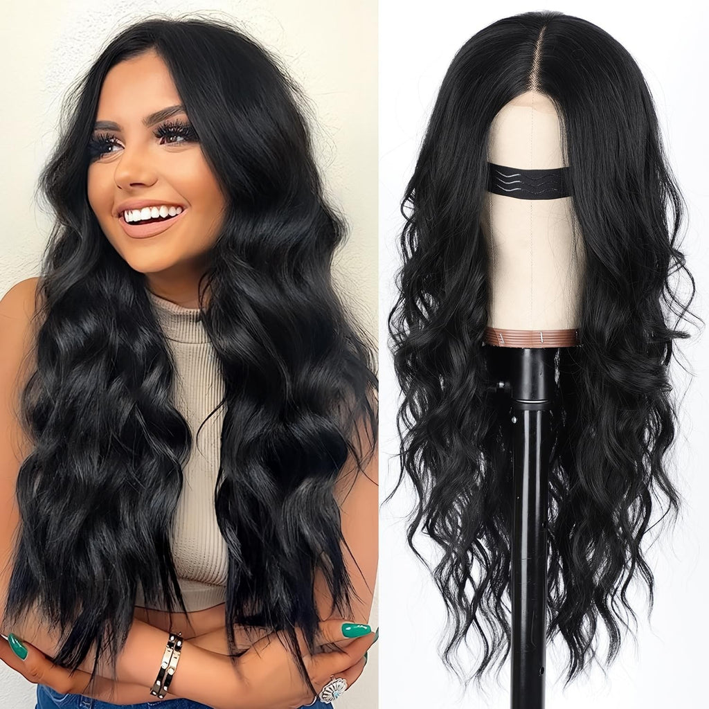 Femmes Noir Long Curly Perruque Full Synthétique Cheveux avec les grandes vagues