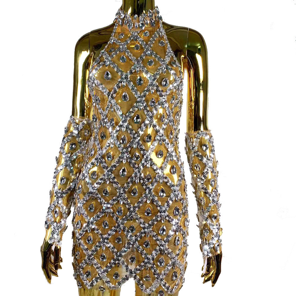 Robe ultra-courte pour femmes haut de gamme en Strass Plaid pailleté Gants
