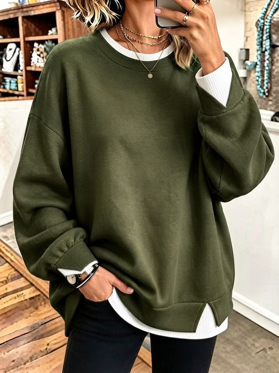 Col rond Patchwork à manches longues Pullover Sweatshirt de couleur unie