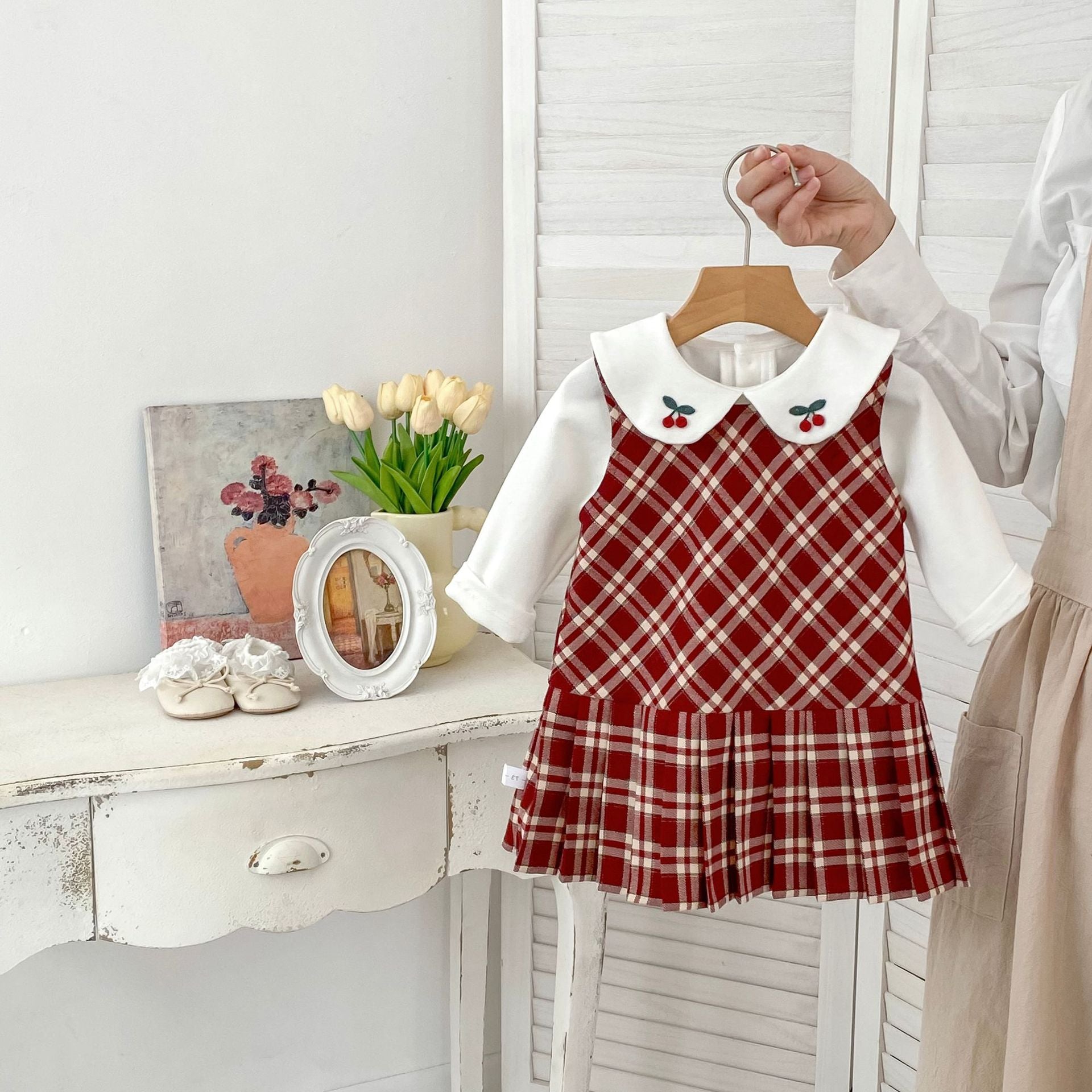 Filles Preppy-Style Plaid Vest Robe Et Mignon Brodé Lapel Botting Shirt Deux-Piece S