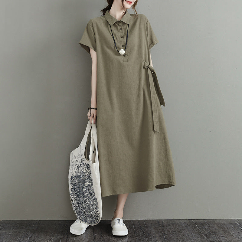 Japonaise Solid Color Coton et Lin Lapel Manches courtes Robe décontractée de poche pour femmes