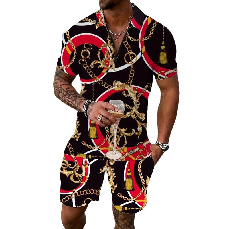 Deux-pièces Lapel Zipper Printed Leisure Sports