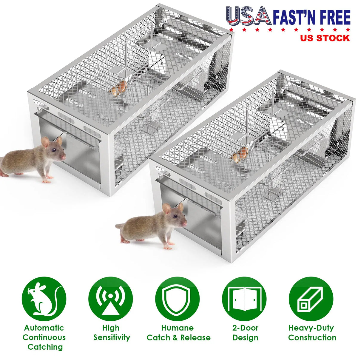 2Pack 11.81x5.63x4.45En 2-Door humain Rat Trap Automatic continue Mouse Trap Réutilisable Ga