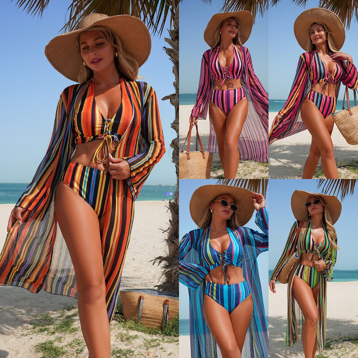 Dentelle rayée Manche longue style Instagram Blouse Ensemble trois pièces