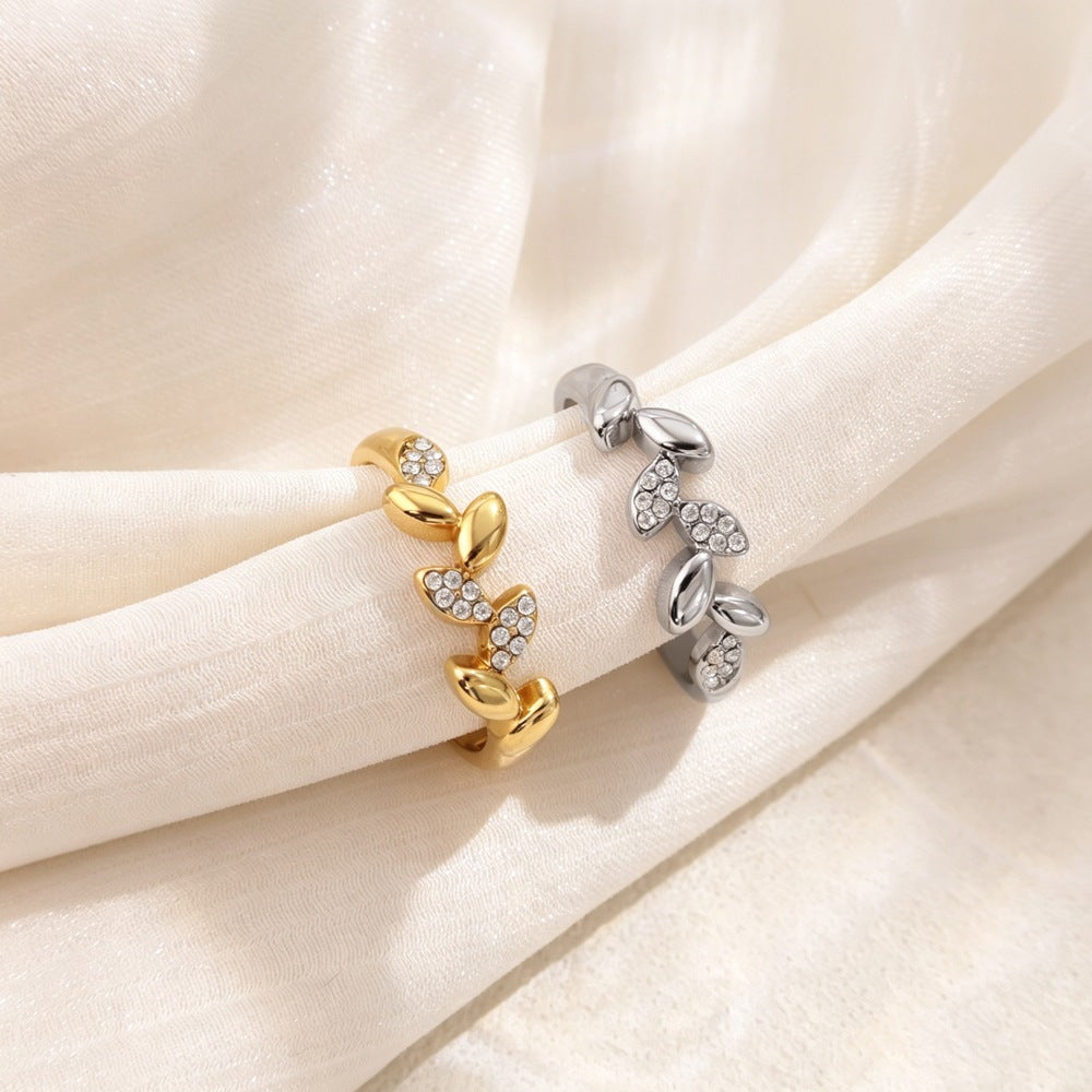 Niche Bague en acier inoxydable en forme de feuille chic de style français