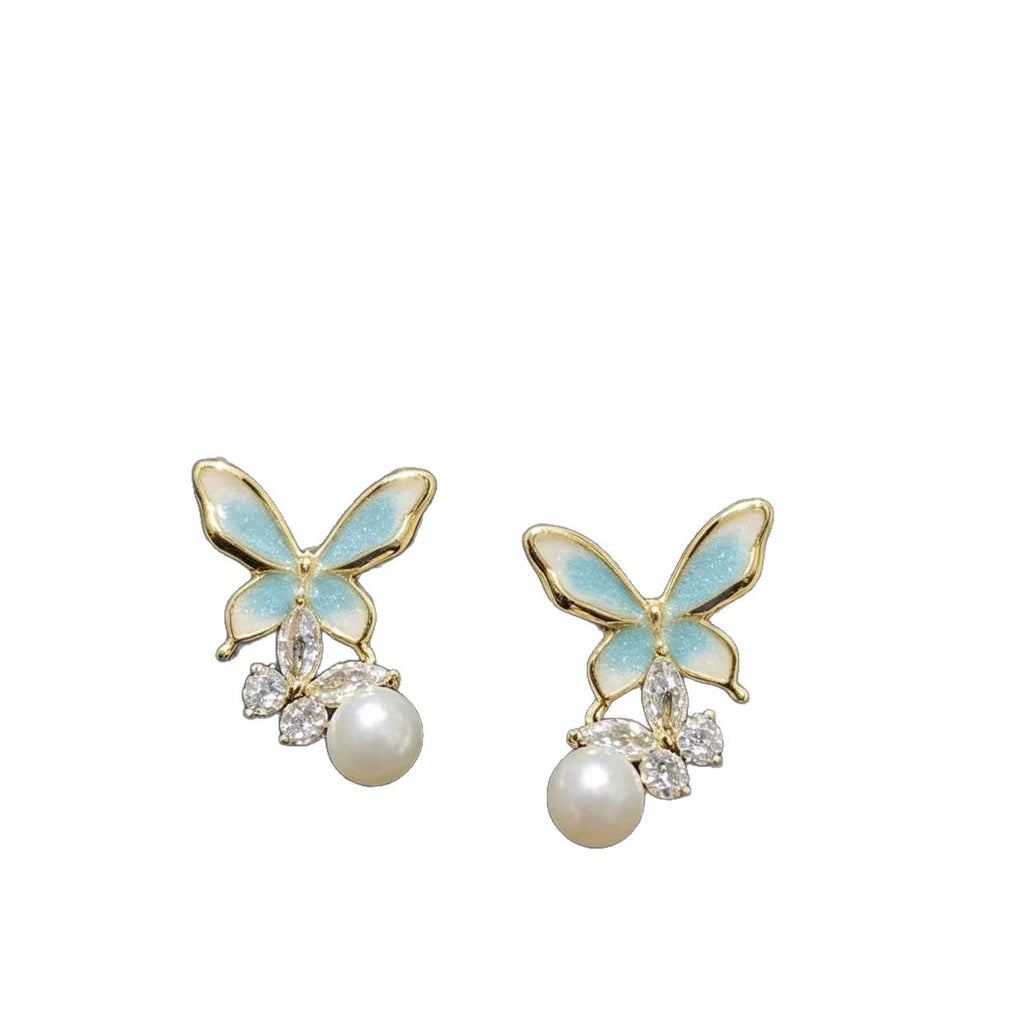 Boucles d'oreilles Élégantes à aiguilles en argent haut de gamme Pearl Butterfly