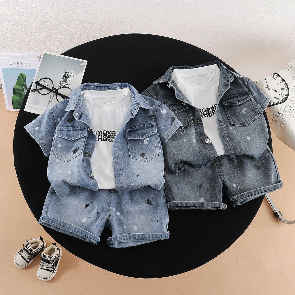 Garçons Western style mode Denim manches courtes Top et shorts trois pièces