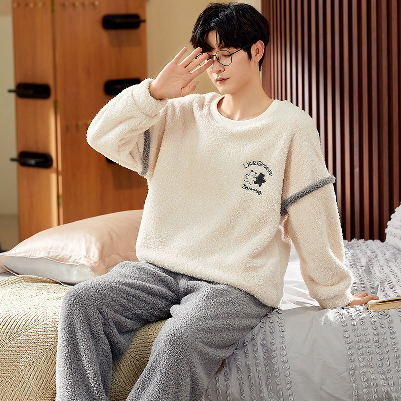 Pyjamas de velours de corail d'hiver hommes thicken thermique pullover rond cou Flannel maison porter