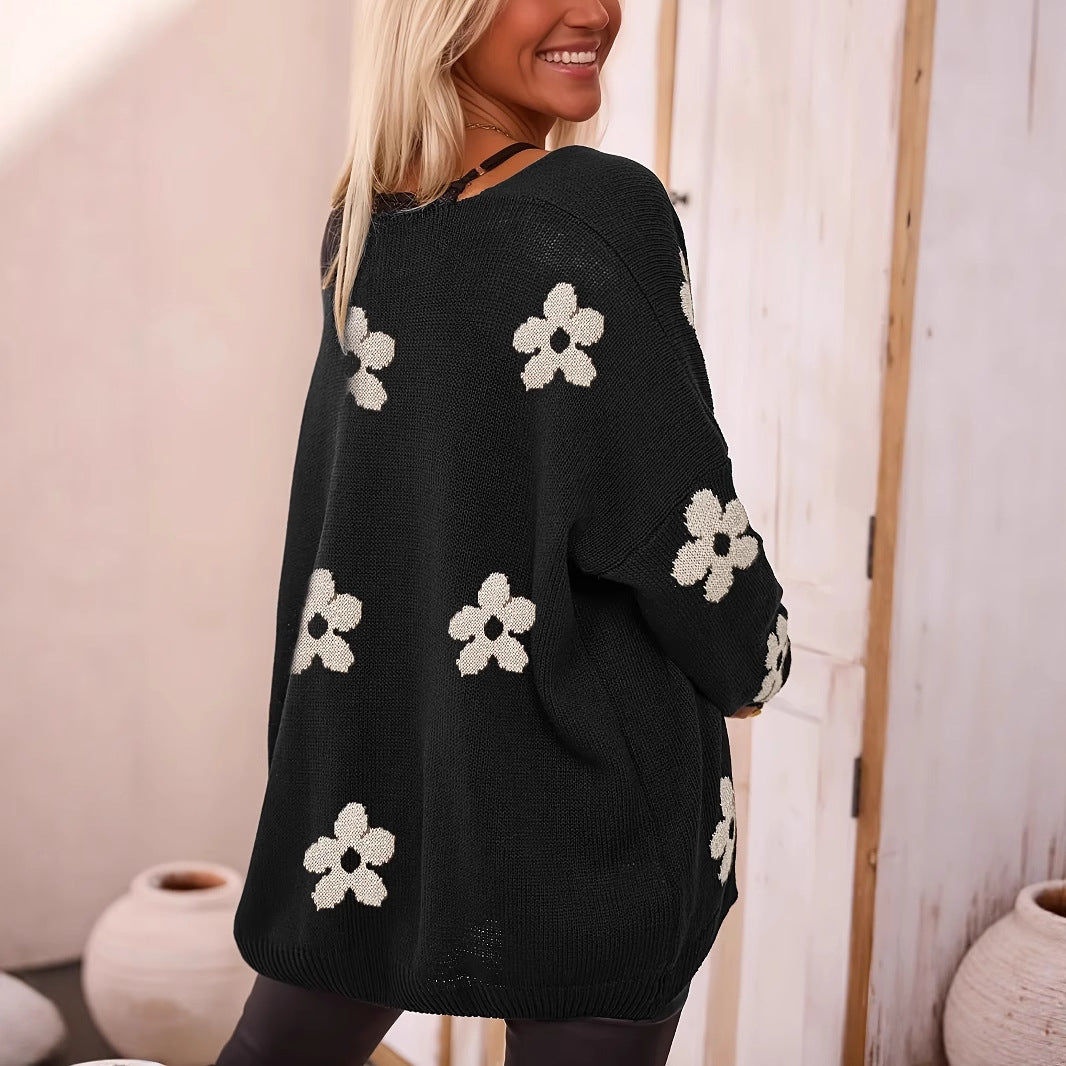 Manteau de cardigan à mailles plus grandes, imprimé floral féminin