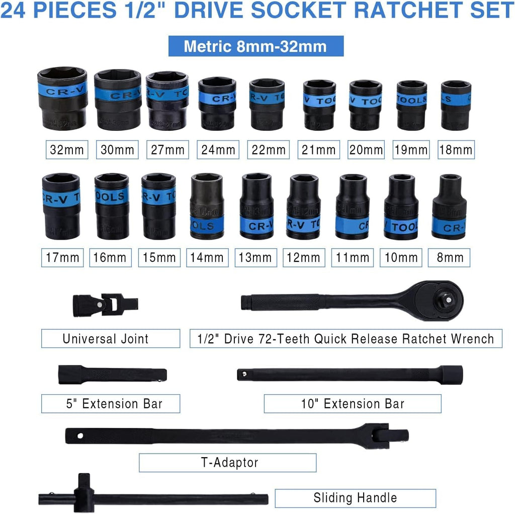 Heavy Duty 1-2 po Clé à cliquet 8-32mm Set de chaussettes métriques Ensemble de valises métalliques UK