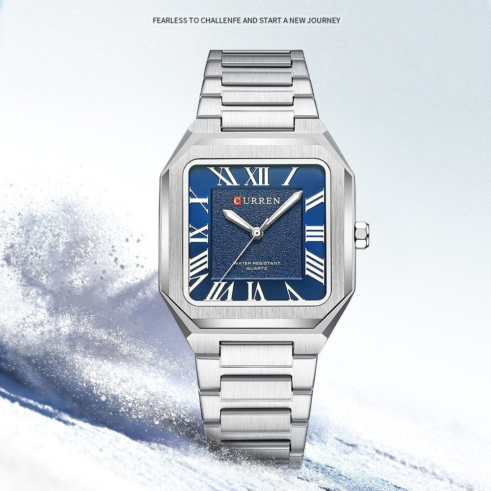 Montre Quartz à l'épreuve de l'eau carrée simple homme avec chiffres romains et bande d'acier mode