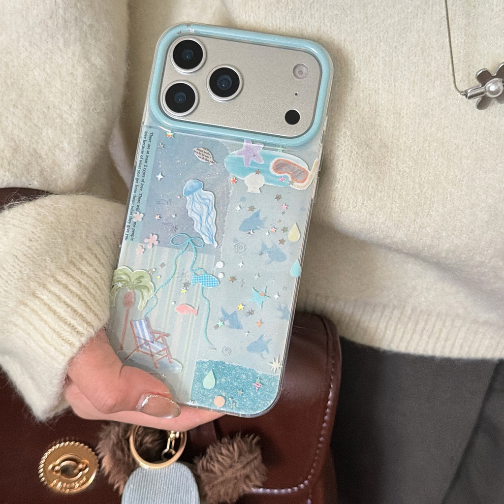 Double Layer Glitter Blue Ocean Jellyfish Phone Case