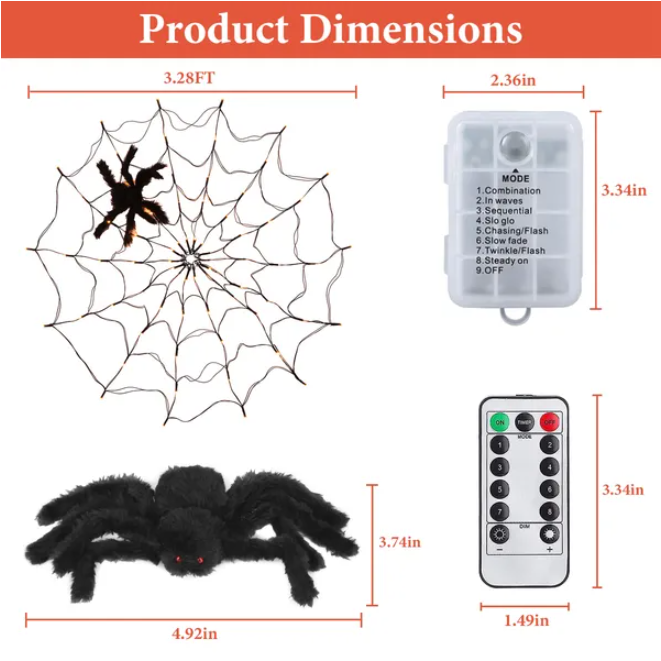 1Pc 3.28FT Spider Web Light avec araignée poilue