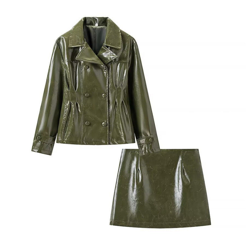 Brevet craqué Faux Cuir Double Breasted Short Blazer & High Waist Mini A-Line Jupe Tw
