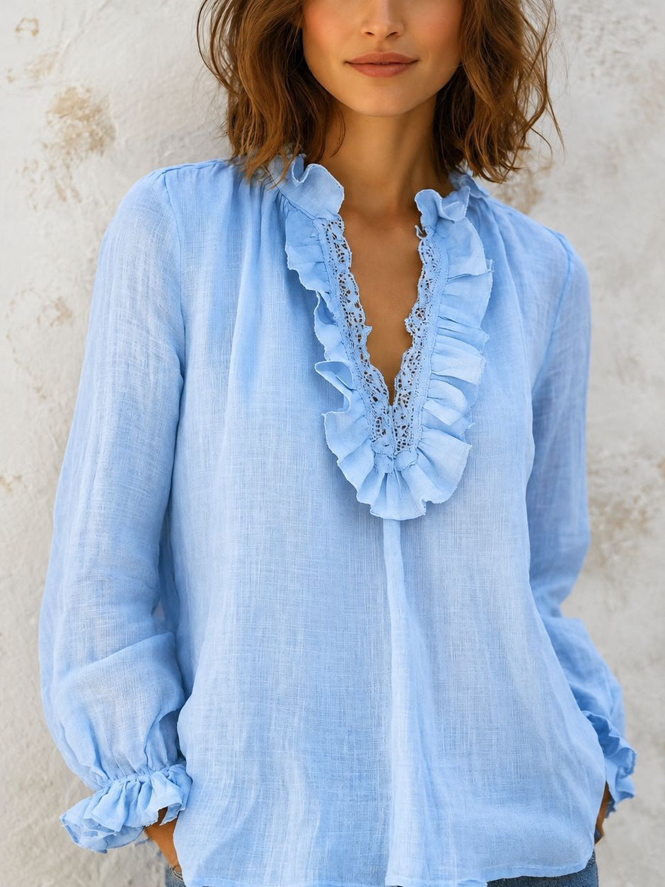 Femmes Deep V-neck Dentelle Loose-fit Blouse Chemise de style français