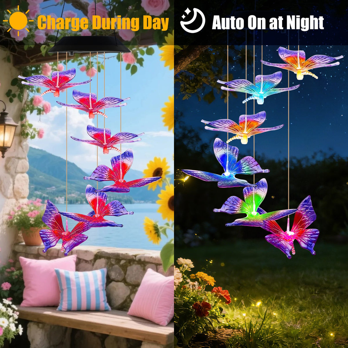 1Pc 2Pcs Quantity Options Solar Butterfly Wind Chime 7 Color Changing Wind Chime for Outsi