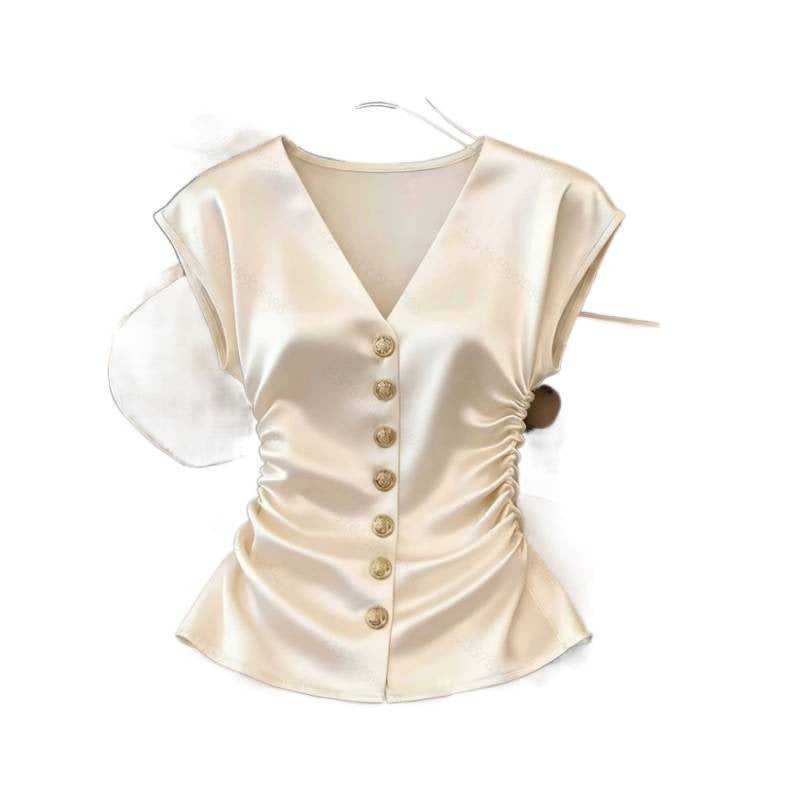 Chemise à plis satiné en V-col de couleur solide pour femmes