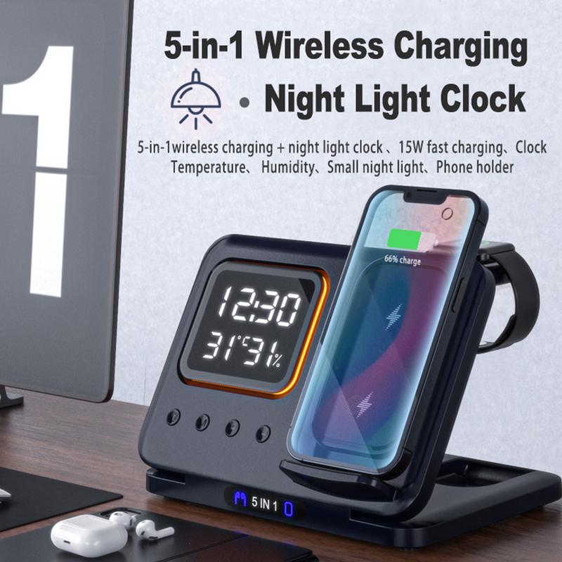 15W sans fil chargeurs Stand 5 In1 LED réveil numérique rapide charge station