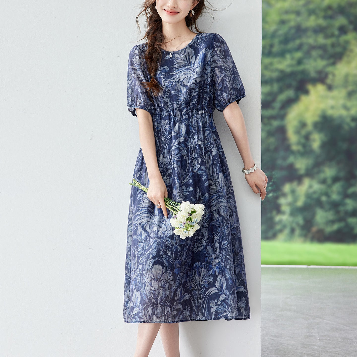 Womens Casual Printed Waist-cinching Dress