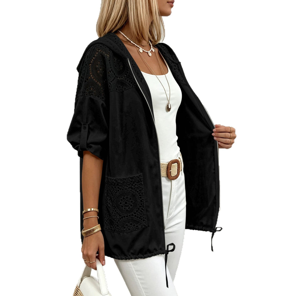 European And American Plus Size Women's Hollow-out à capuche Cardigan Dentelle Stitching Pocket D