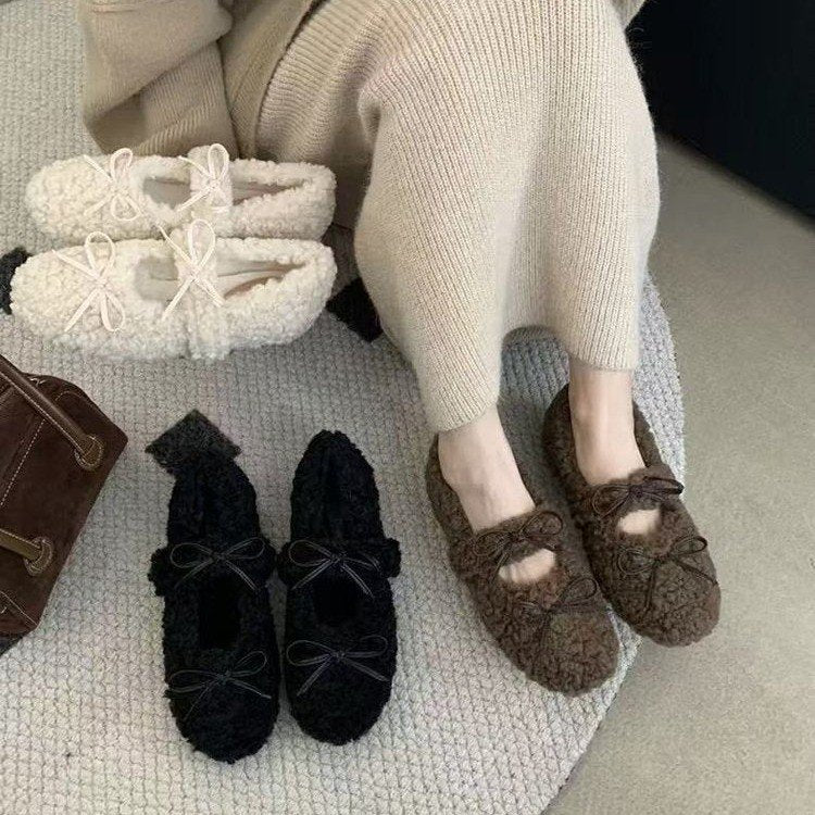 Chaussures Femmes Français Mary Jane avec Chaussures de Haricot Fluffy et Chaussures Solaires Plats