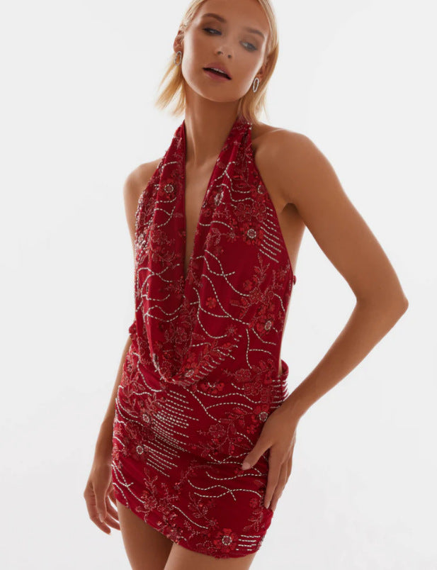 Women's Elegant Halter V-Neck Printed Dress