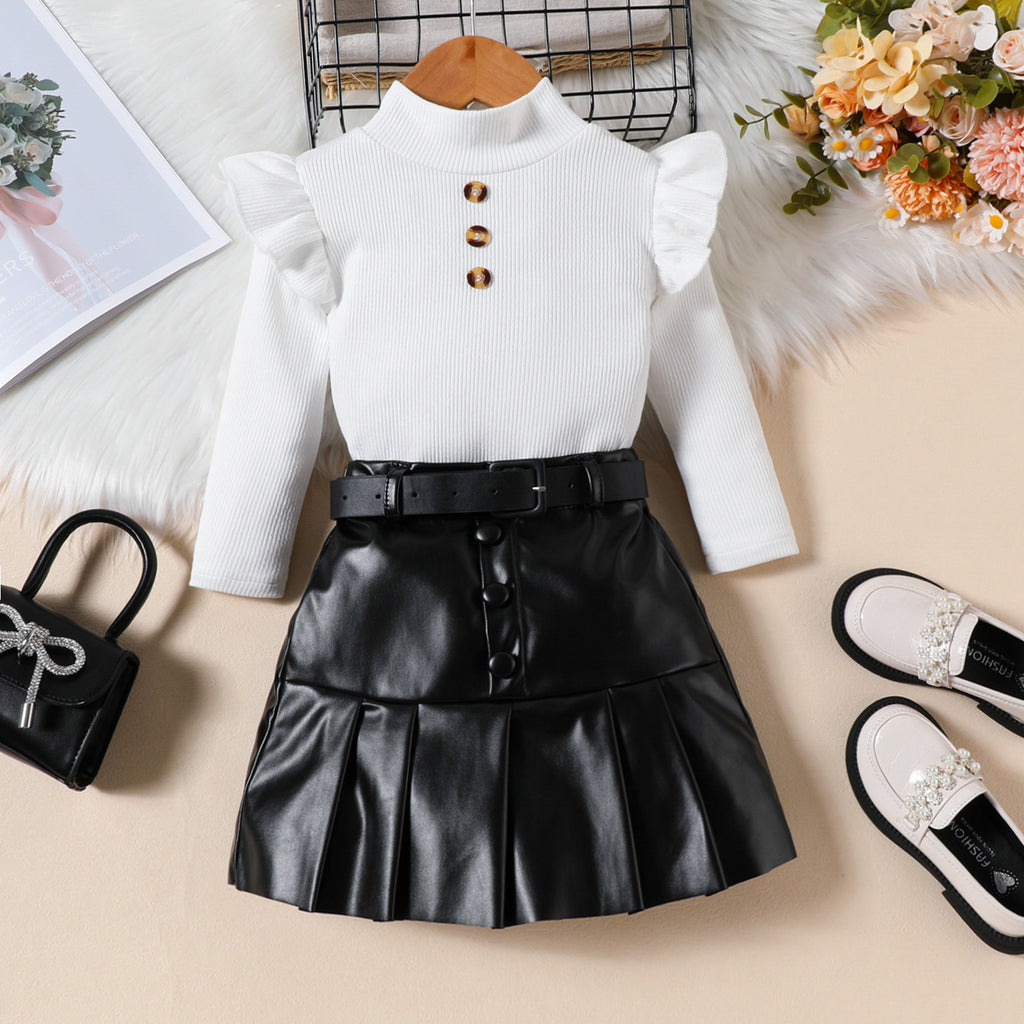 Ceinture de jupe plissée en cuir PU à manches longues haute