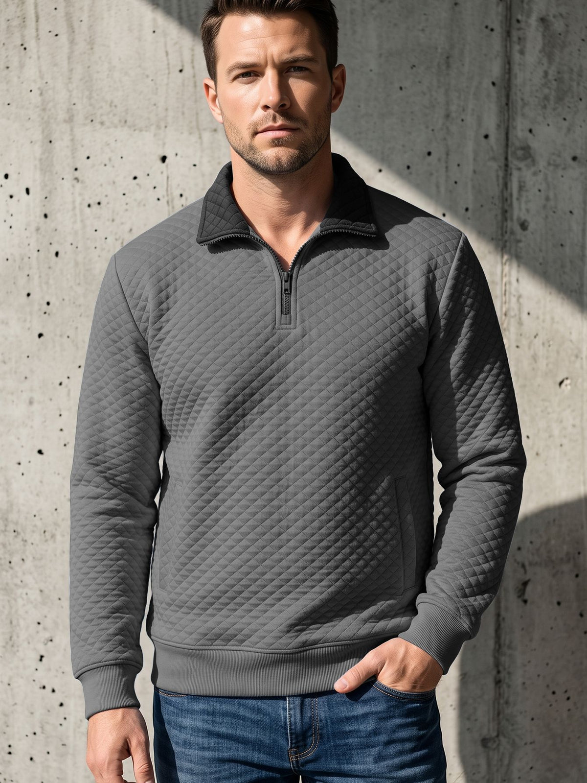 Men's Diamond-Check Half-Zip Stand-Collar Long-Sleeve Sweatshirt