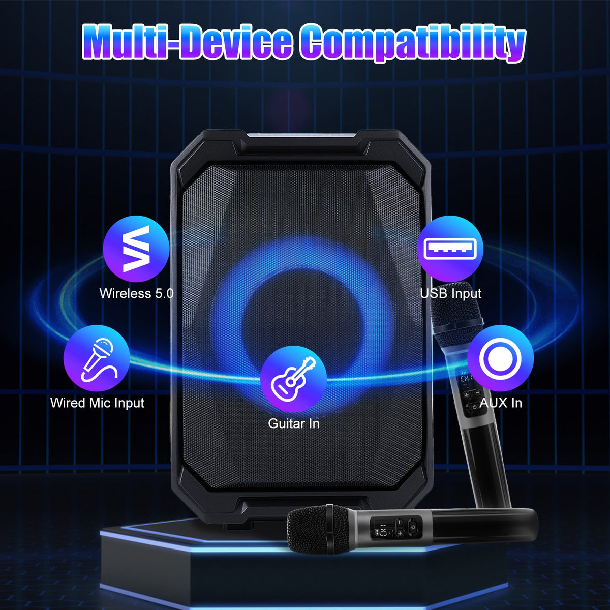 1Pc Haut-parleur sans fil portable avec lumière LED 2 sans fil Mics télécommande TWS Musi