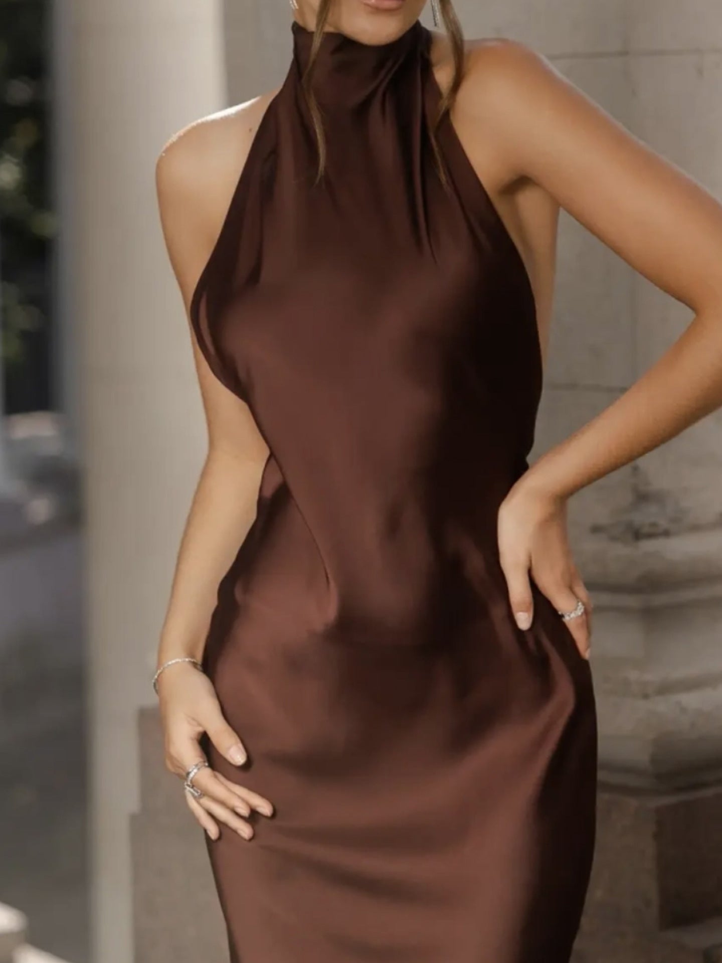 Vintage haute col Halter sirène satinée soirée Gown