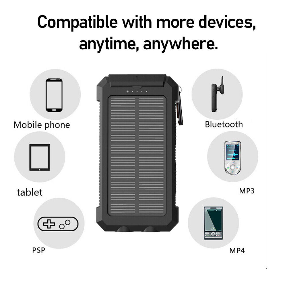 1o000mAh Solar Power Bank Chargeur de batterie 2USB LED étanche pour téléphone cellulaire