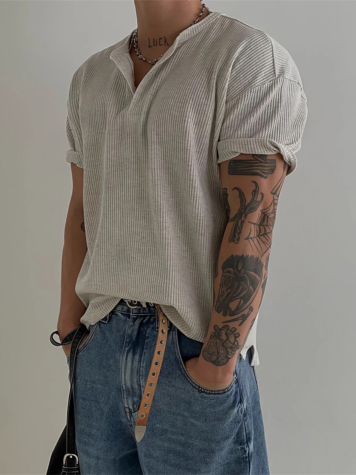 Henry Collar Waffled T-shirt à manches courtes Style américain d'été pour hommes Base simple Top Lig