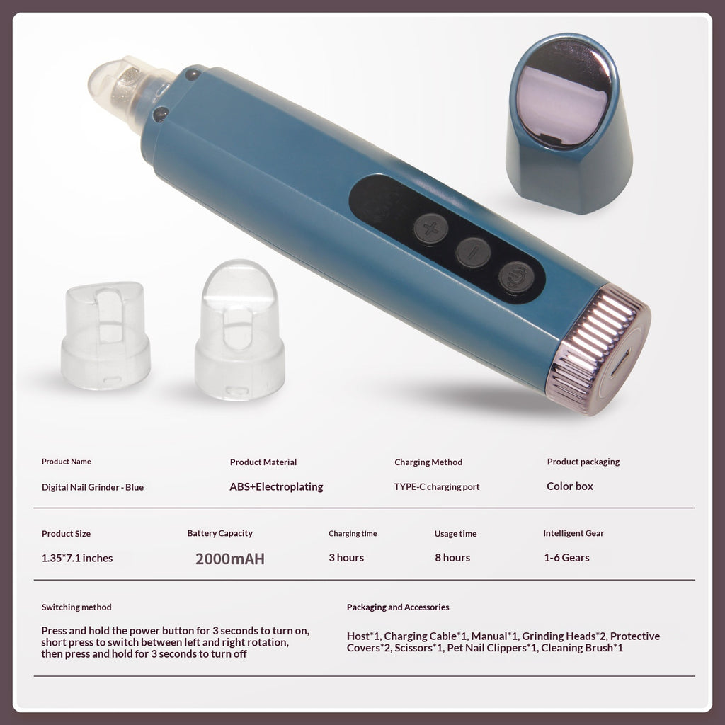 Grindeuse à ongles pour animaux de compagnie rechargeable avec réglage à six vitesses