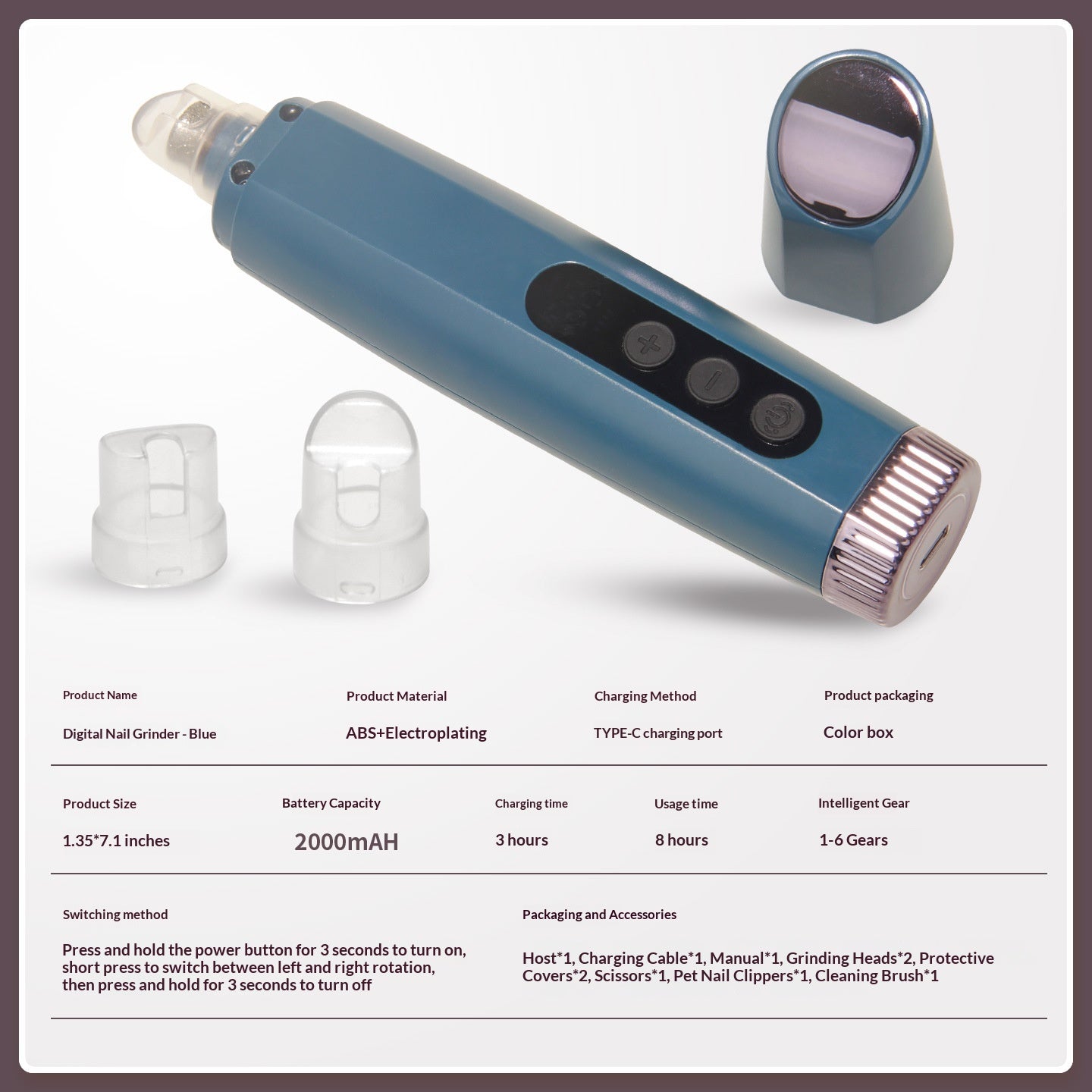 Grindeuse à ongles pour animaux de compagnie rechargeable avec réglage à six vitesses