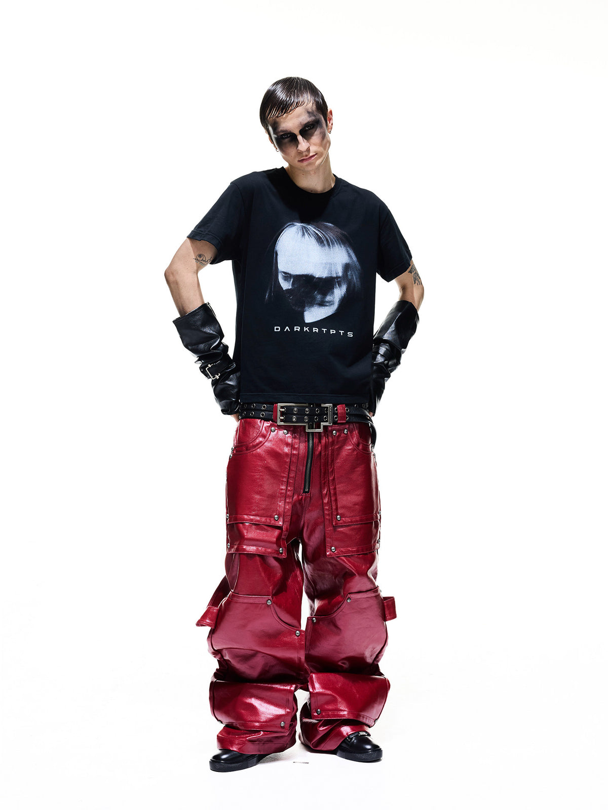 Rouge Plaqué en métal liquide Tridimensionnel sur mesure Rivet-détails Pantalon de bois de bois