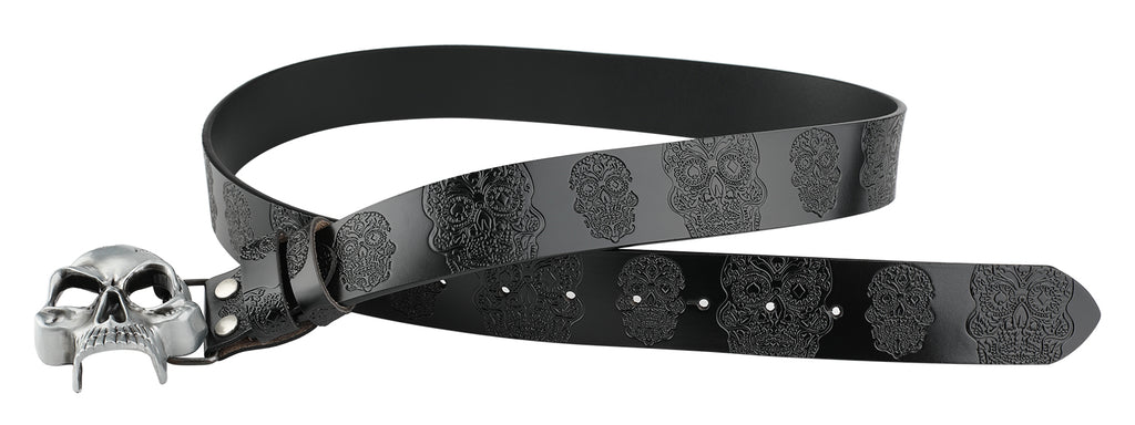 Ceinture en cuir avec tête de fantôme embossée et boucle de crâne lisse