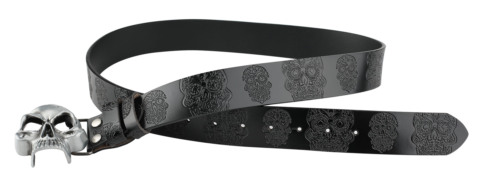 Ceinture en cuir avec tête de fantôme embossée et boucle de crâne lisse