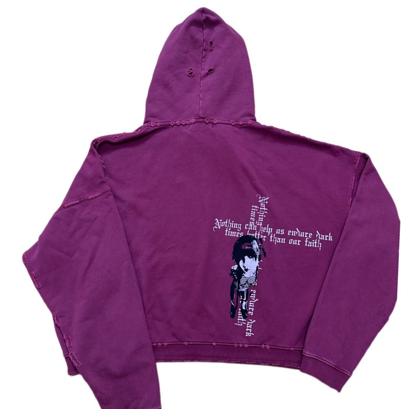 Teinture lavée et stressée courte large Hoodie avec un capot