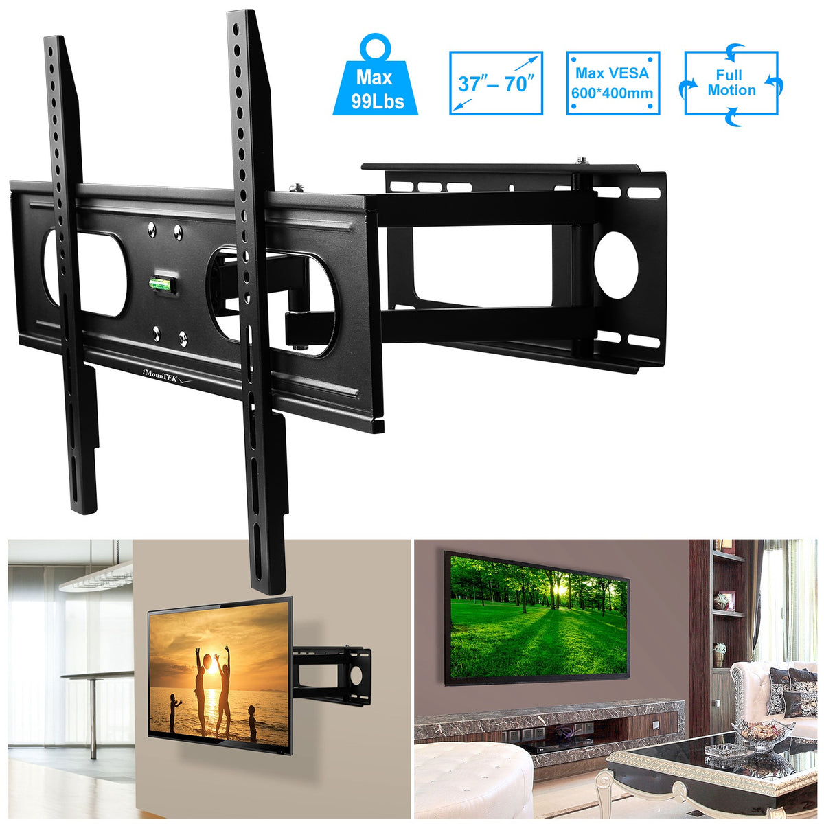 1Pc Full Motion TV Wall Mount Swivel Tilt TV Wall Rack Support 37in to 70in TV Wall Mount