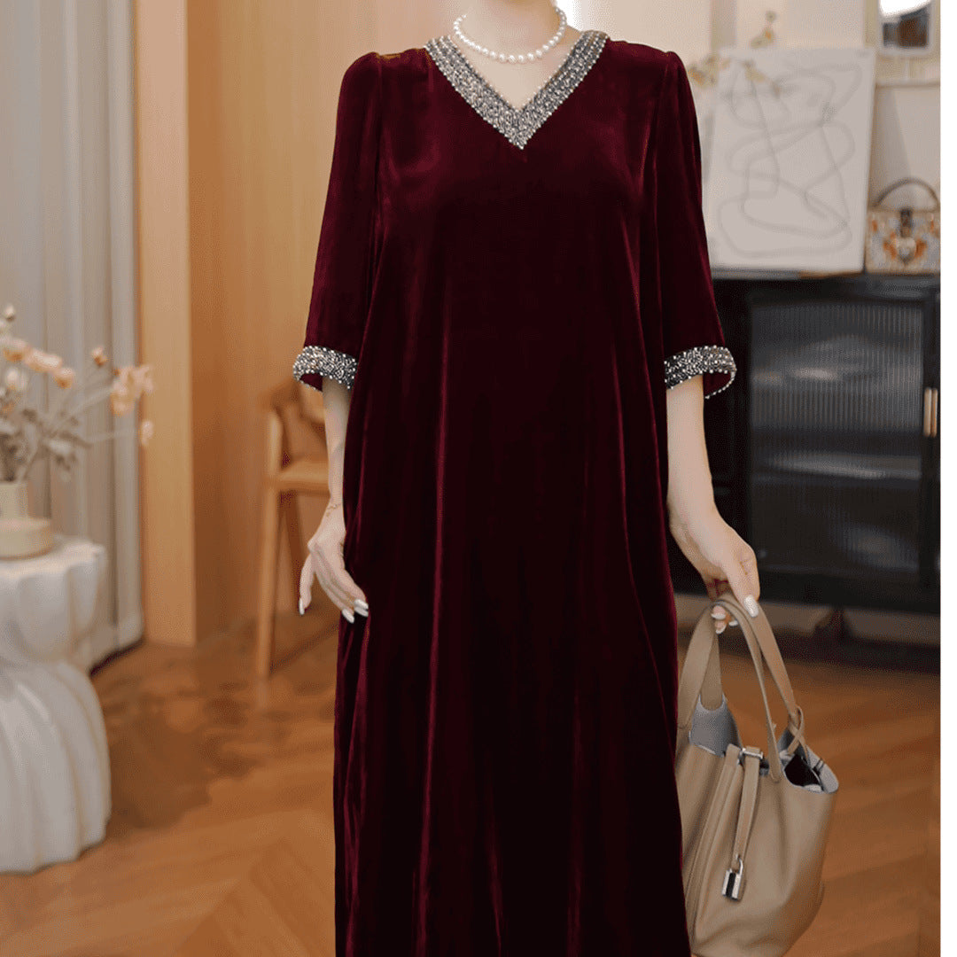 Robe de velours en soie véritable perlée pour femmes